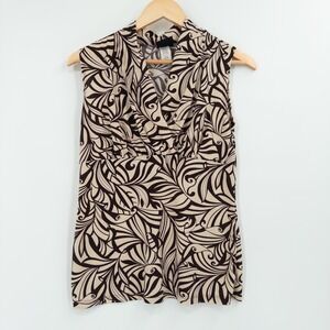 Vintage Y2K Babydoll Top Women Medium Brown Cream Abstract Retro Print 90s Boho